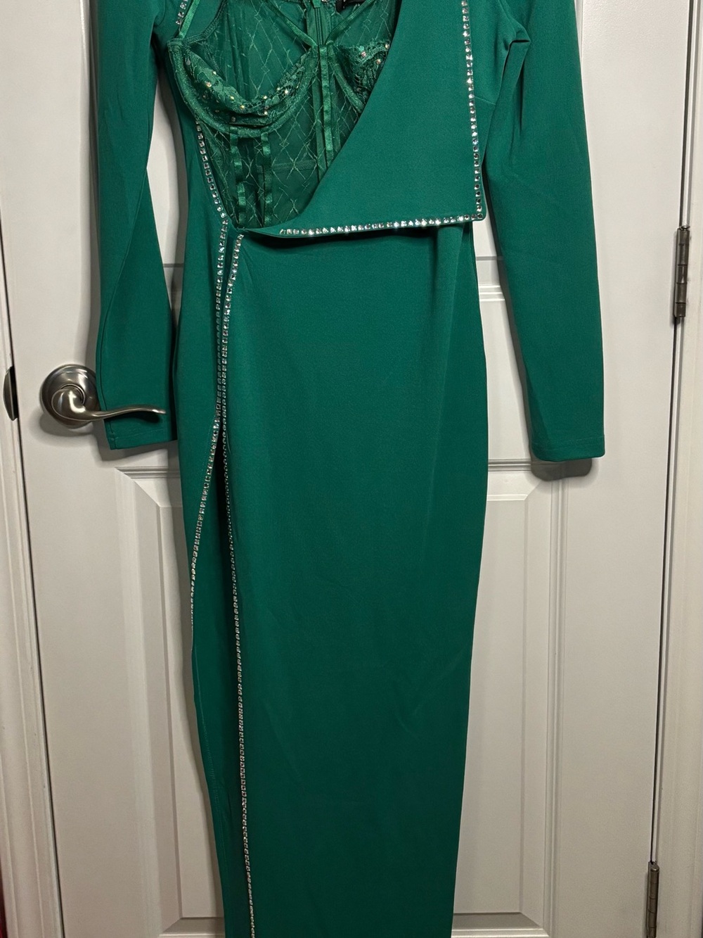 Emerald Long Sleeve Evening Dress with Embellished Trim